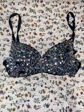 Women’s Embellished Black Bra with Iridescent Gems